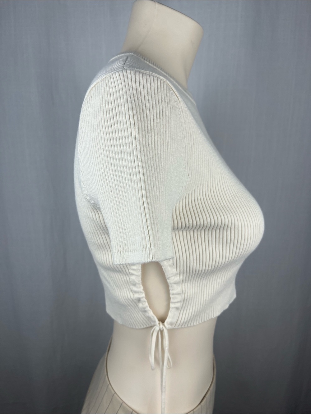 Zara Cream Ribbed Tie-Detail Crop Top Medium - Picture 2 of 6